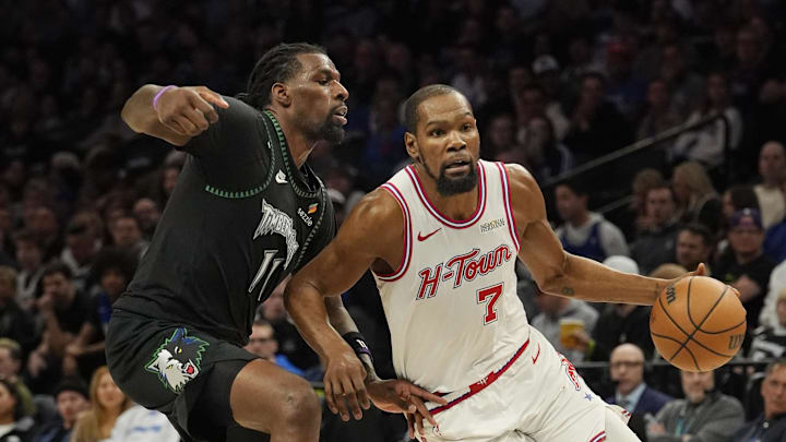 Mar 25, 2026; Minneapolis, Minnesota, USA; Houston Rockets forward Kevin Durant (7) works around Minnesota Timberwolves center Naz Reid (11) in the third quarter at Target Center. Mandatory Credit: Bruce Kluckhohn-Imagn Images Mar 25, 2026; Minneapolis, Minnesota, USA; Houston Rockets forward Kevin Durant (7) works around Minnesota Timberwolves center Naz Reid (11) in the third quarter at Target Center. Mandatory Credit: Bruce Kluckhohn-Imagn Images