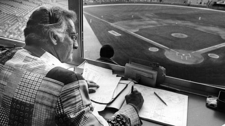 Uecker in the Brewers radio broadcast booth.