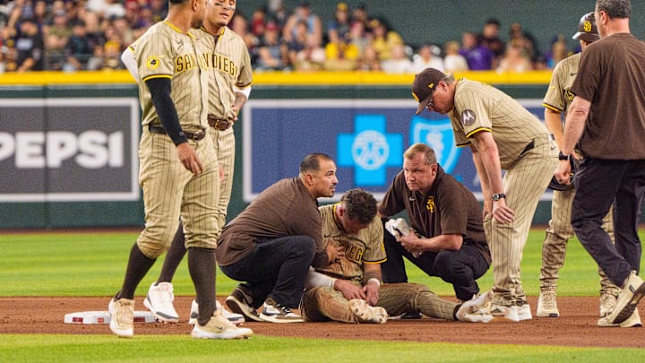 Jun 14, 2025; Phoenix, Arizona, USA; A general view as members of the San Diego Padres react after outfielder Jackson Merrill (3) is injured sliding into second base in the seventh inning against the Arizona Diamondbacks at Chase Field. Mandatory Credit: Allan Henry-Imagn Images
