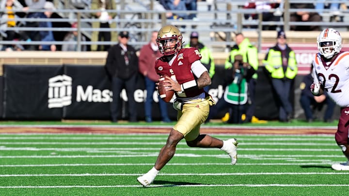Nov 11, 2023; Chestnut Hill, Massachusetts, USA; Boston College Eagles quarterback Thomas Castellanos (1) against the Virginia Tech Hokies during the first half at Alumni Stadium. Mandatory Credit: Eric Canha-Imagn Images