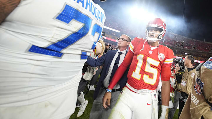 Oct 12, 2025; Kansas City, Missouri, USA; Kansas City Chiefs quarterback Patrick Mahomes (15) reacts after the game at GEHA Field at Arrowhead Stadium. Mandatory Credit: Jay Biggerstaff-Imagn Images Oct 12, 2025; Kansas City, Missouri, USA; Kansas City Chiefs quarterback Patrick Mahomes (15) reacts after the game at GEHA Field at Arrowhead Stadium. Mandatory Credit: Jay Biggerstaff-Imagn Images