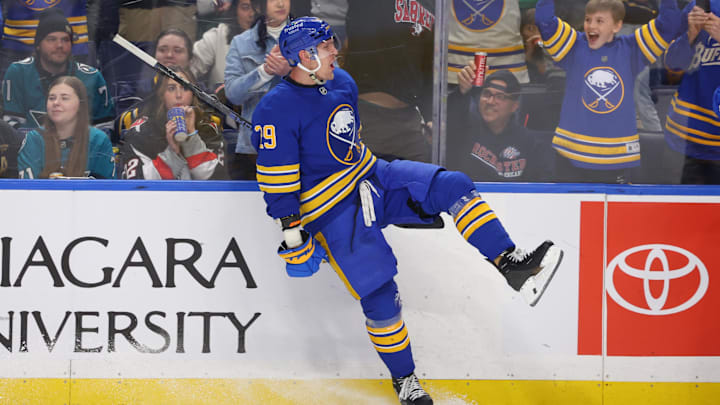 Mar 10, 2026; Buffalo, New York, USA;  Buffalo Sabres left wing Beck Malenstyn (29) reacts after scoring a goal during the second period against the San Jose Sharks at KeyBank Center. Mandatory Credit: Timothy T. Ludwig-Imagn Images