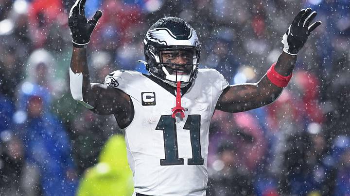 Dec 28, 2025; Orchard Park, New York, USA; Philadelphia Eagles wide receiver A.J. Brown (11) during a timeout in the third quarter against the Buffalo Bills at Highmark Stadium. Mandatory Credit: Mark Konezny-Imagn Images