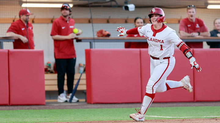 Oklahoma catcher Kendall Wells (1) hits a home run during a 32-0 win over Alabama State at Love’s Field in Norman Okla., on Thursday, Feb. 26, 2026.
