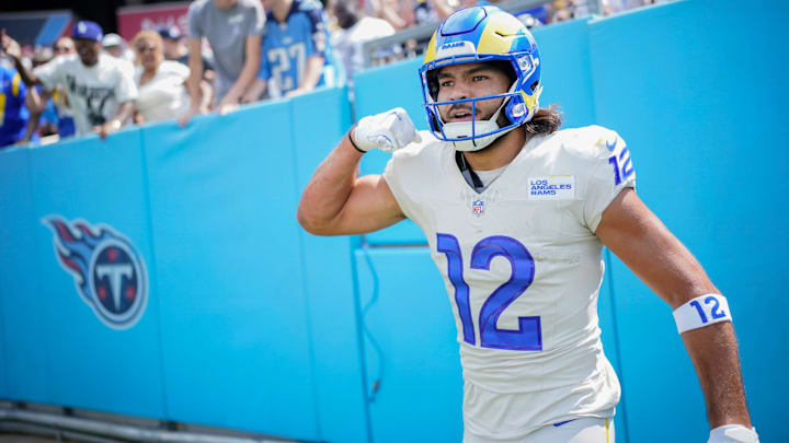 Los Angeles Rams wide receiver Puka Nacua (12) celebrates his touchdown against the Tennessee Titans during the first quarter at Nissan Stadium in Nashville, Tenn., Sunday, Sept. 14, 2025. Los Angeles Rams wide receiver Puka Nacua (12) celebrates his touchdown against the Tennessee Titans during the first quarter at Nissan Stadium in Nashville, Tenn., Sunday, Sept. 14, 2025.
