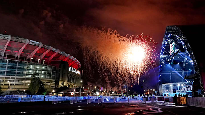 Apr 29, 2021; Cleveland, Ohio, USA; Fireworks go off near the stage after the first round of the 2021 NFL Draft at First Energy Stadium. Mandatory Credit: Kirby Lee-Imagn Images