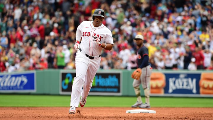 May 18, 2025; Boston, Massachusetts, USA; Boston Red Sox designated hitter Rafael Devers (11) rounds the bases after hitting a grand slam during the third inning against the Atlanta Braves at Fenway Park. Mandatory Credit: Bob DeChiara-Imagn Images May 18, 2025; Boston, Massachusetts, USA; Boston Red Sox designated hitter Rafael Devers (11) rounds the bases after hitting a grand slam during the third inning against the Atlanta Braves at Fenway Park. Mandatory Credit: Bob DeChiara-Imagn Images