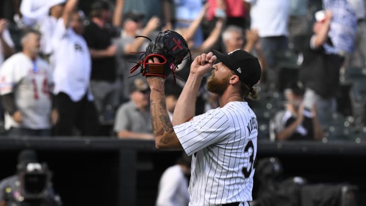 Jun 27, 2024; Chicago, Illinois, USA; Chicago White Sox pitcher Michael Kopech (34) reacts after the game against the Atlanta Braves at Guaranteed Rate Field. Mandatory Credit: Matt Marton-USA TODAY Sports Jun 27, 2024; Chicago, Illinois, USA; Chicago White Sox pitcher Michael Kopech (34) reacts after the game against the Atlanta Braves at Guaranteed Rate Field. Mandatory Credit: Matt Marton-USA TODAY Sports