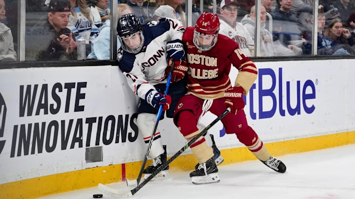 Boston College men's hockey forward Landan Resendes on the ice against UConn in the Hockey East semifinals on March 20, 2026.