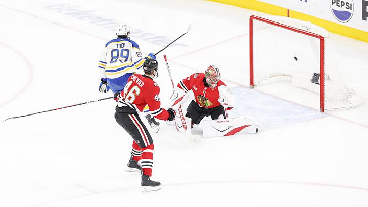Apr 13, 2026; Chicago, Illinois, USA; Buffalo Sabres right wing Alex Tuch (89) scores a goal against Chicago Blackhawks goaltender Spencer Knight (30) during the third period at United Center. Mandatory Credit: Kamil Krzaczynski-Imagn Images