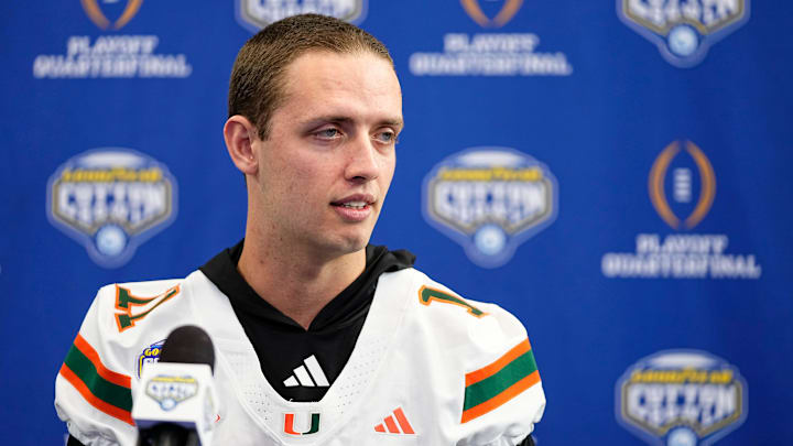 Miami Hurricanes quarterback Carson Beck speaks during the Cotton Bowl Media Day at AT&T Stadium in Dallas prior to the College Football Playoff matchup against the Ohio State Buckeyes on Dec. 29, 2025.