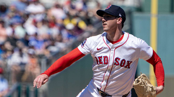 Boston Red Sox Walker Buehler (0) pitching during the first inning go their game with the New York Mets at JetBlue Park at Fenway South on March 2. Boston Red Sox Walker Buehler (0) pitching during the first inning go their game with the New York Mets at JetBlue Park at Fenway South on March 2.