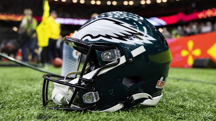 Feb 9, 2025; New Orleans, LA, USA; Detailed view of a Philadelphia Eagles helmet during Super Bowl LIX at Ceasars Superdome. Mandatory Credit: Mark J. Rebilas-Imagn Images Feb 9, 2025; New Orleans, LA, USA; Detailed view of a Philadelphia Eagles helmet during Super Bowl LIX at Ceasars Superdome. Mandatory Credit: Mark J. Rebilas-Imagn Images