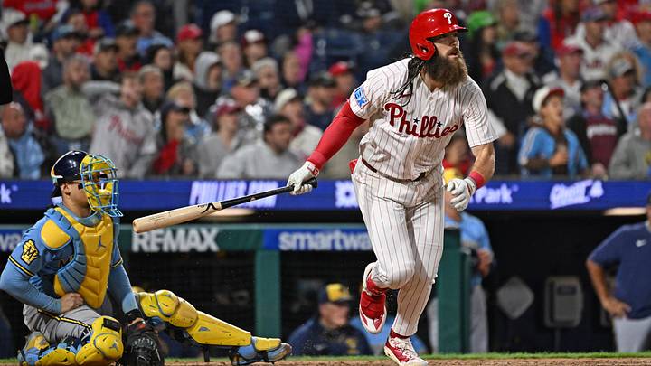 Sep 22, 2026; Philadelphia, Pennsylvania, USA; Philadelphia Phillies left fielder Brandon Marsh (16) watches his RBI double during the eighth inning against the Milwaukee Brewers at Citizens Bank Park. Mandatory Credit: Eric Hartline-Imagn Images Sep 22, 2026; Philadelphia, Pennsylvania, USA; Philadelphia Phillies left fielder Brandon Marsh (16) watches his RBI double during the eighth inning against the Milwaukee Brewers at Citizens Bank Park. Mandatory Credit: Eric Hartline-Imagn Images