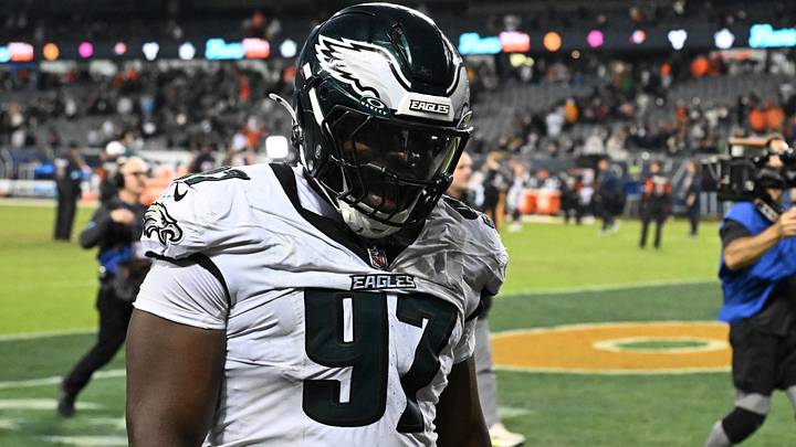 Sep 28, 2026; Chicago, Illinois, USA;  Philadelphia Eagles defensive tackle Moro Ojomo (97) is seen against the the Chicago Bears at Soldier Field. Mandatory Credit: Matt Marton-Imagn Images
