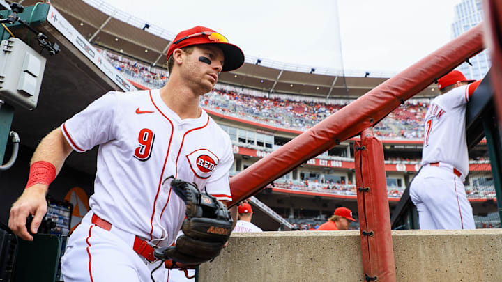 May 25, 2025; Cincinnati, Ohio, USA; Cincinnati Reds second baseman Matt McLain (9) runs onto the field before the game against the Chicago Cubs at Great American Ball Park. Mandatory Credit: Katie Stratman-Imagn Images