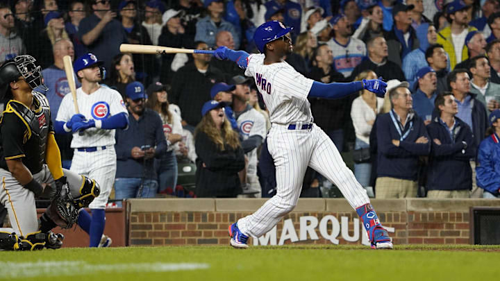 Sep 19, 2023; Chicago, Illinois, USA; Chicago Cubs designated hitter Alexander Canario (4) hits