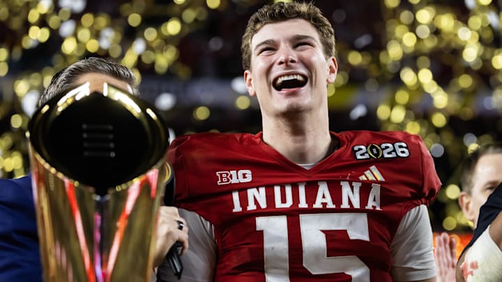 Jan 19, 2026; Miami Gardens, FL, USA; Indiana Hoosiers quarterback Fernando Mendoza (15) celebrates after defeating the Miami Hurricanes in the College Football Playoff National Championship game at Hard Rock Stadium.