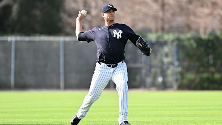 Feb 16, 2025; Tampa, FL, USA; New York Yankees pitcher Carlos Carrasco (59) warms up during a spring training workout at George M. Steinbrenner Field. Feb 16, 2025; Tampa, FL, USA; New York Yankees pitcher Carlos Carrasco (59) warms up during a spring training workout at George M. Steinbrenner Field.