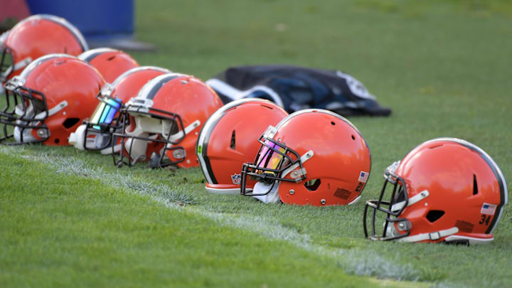 Oct 27, 2017; Bagshot, United Kingdom; A view of Cleveland Browns helmets during practice at the Pennyhill Park Hotel & Spa. Mandatory Credit: Kirby Lee-Imagn Images