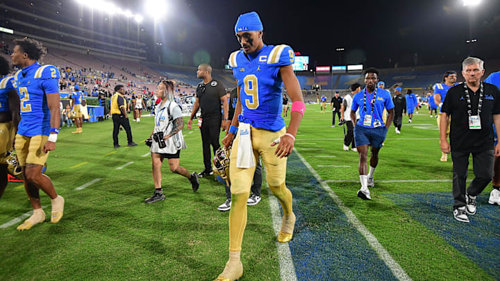 UCLA Bruins quarterback Nico Iamaleava (9) leaves the field following the loss aganst the Utah Utes at Rose Bowl. Mandatory Credit: Gary A. Vasquez-Imagn Images UCLA Bruins quarterback Nico Iamaleava (9) leaves the field following the loss aganst the Utah Utes at Rose Bowl. Mandatory Credit: Gary A. Vasquez-Imagn Images