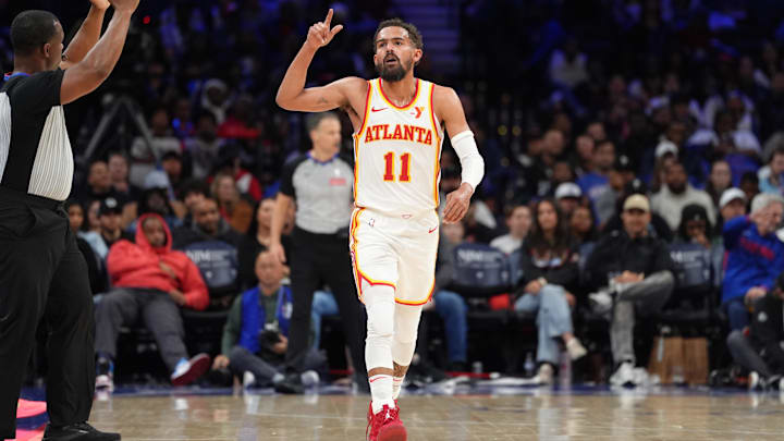 Apr 11, 2025; Philadelphia, Pennsylvania, USA; Atlanta Hawks guard Trae Young (11) reacts after scoring against the Philadelphia 76ers in the fourth quarter at Wells Fargo Center. Mandatory Credit: Kyle Ross-Imagn Images Apr 11, 2025; Philadelphia, Pennsylvania, USA; Atlanta Hawks guard Trae Young (11) reacts after scoring against the Philadelphia 76ers in the fourth quarter at Wells Fargo Center. Mandatory Credit: Kyle Ross-Imagn Images