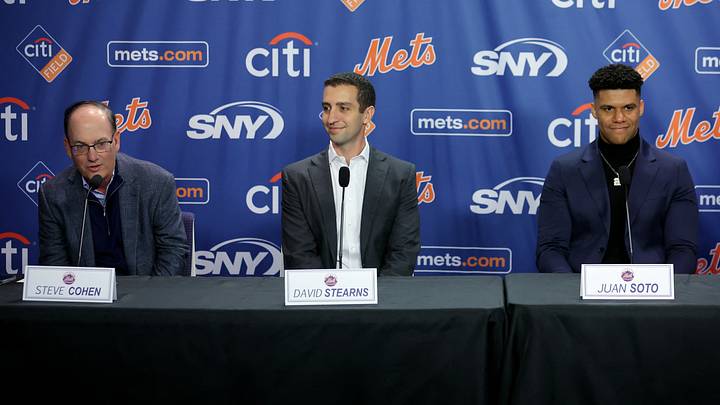 New York Mets owner Steve Cohen speaks next to general manager David Stearns to introduce right fielder Juan Soto. New York Mets owner Steve Cohen speaks next to general manager David Stearns to introduce right fielder Juan Soto.