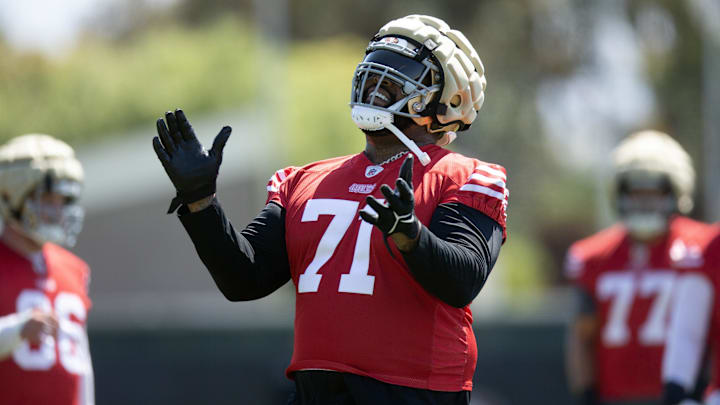Jun 10, 2025; Santa Clara, CA, USA; San Francisco 49ers offensive tackle Trent Williams (71) reacts to a blocking drill during an OTA at Levi's Stadium. Mandatory Credit: D. Ross Cameron-Imagn Images Jun 10, 2025; Santa Clara, CA, USA; San Francisco 49ers offensive tackle Trent Williams (71) reacts to a blocking drill during an OTA at Levi's Stadium. Mandatory Credit: D. Ross Cameron-Imagn Images