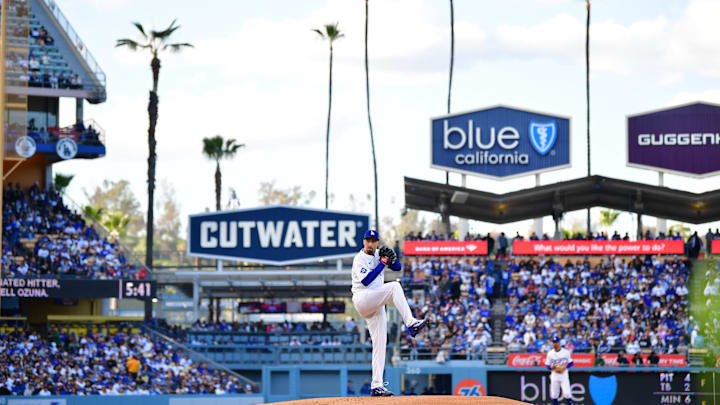Apr 2, 2025; Los Angeles, California, USA; Los Angeles Dodgers pitcher Blake Snell (7) throws during the first inning against the Atlanta Braves at Dodger Stadium. Mandatory Credit: Gary A. Vasquez-Imagn Images Apr 2, 2025; Los Angeles, California, USA; Los Angeles Dodgers pitcher Blake Snell (7) throws during the first inning against the Atlanta Braves at Dodger Stadium. Mandatory Credit: Gary A. Vasquez-Imagn Images
