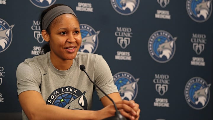 Maya Moore with the Minnesota Lynx at a final press conference on August 24, 2018. Maya Moore with the Minnesota Lynx at a final press conference on August 24, 2018.