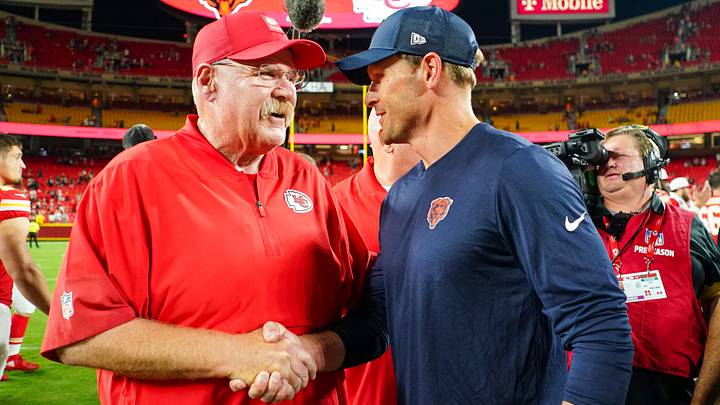 Kansas City Chiefs head coach Andy Reid shakes hands with Chicago Bears head coach Ben Johnson after the game at GEHA Field at Arrowhead Stadium. Mandatory Credit: Denny Medley-Imagn Images