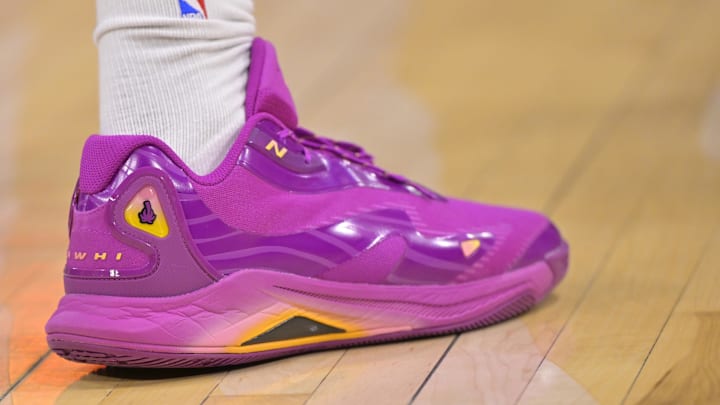 Feb 6, 2025; Inglewood, California, USA;  Detailed view of the basketball sneakers worn by Los Angeles Clippers forward Kawhi Leonard (2) for the game against the Indiana Pacers at Intuit Dome.