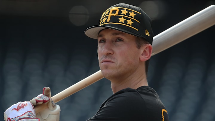 Sep 2, 2025; Pittsburgh, Pennsylvania, USA;  Pittsburgh Pirates shortstop Cam Devanney (34) at the batting cage before the game against the Los Angeles Dodgers at PNC Park. Mandatory Credit: Charles LeClaire-Imagn Images