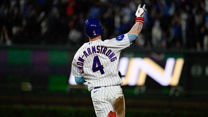 Sep 16, 2026; Chicago, Illinois, USA;  Chicago Cubs center fielder Pete Crow-Armstrong (4) gestures after he hits a home run during the seventh inning against the Atlanta Braves at Wrigley Field.  Mandatory Credit: Matt Marton-Imagn Images
