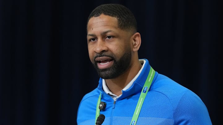 Feb 24, 2026; Indianapolis, IN, USA; Cleveland Browns general manager Andrew Berry speaks at the NFL Scouting Combine at the Indiana Convention Center. Mandatory Credit: Kirby Lee-Imagn Images