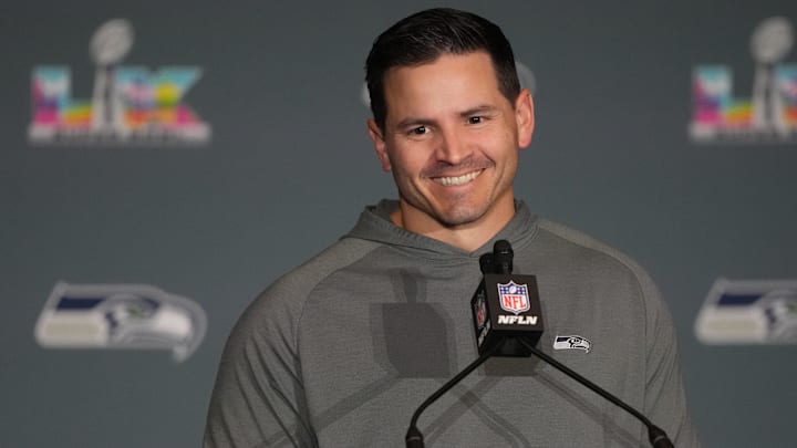 Seattle Seahawks head coach Mike MacDonald talks to media members at the San Jose Marriott.