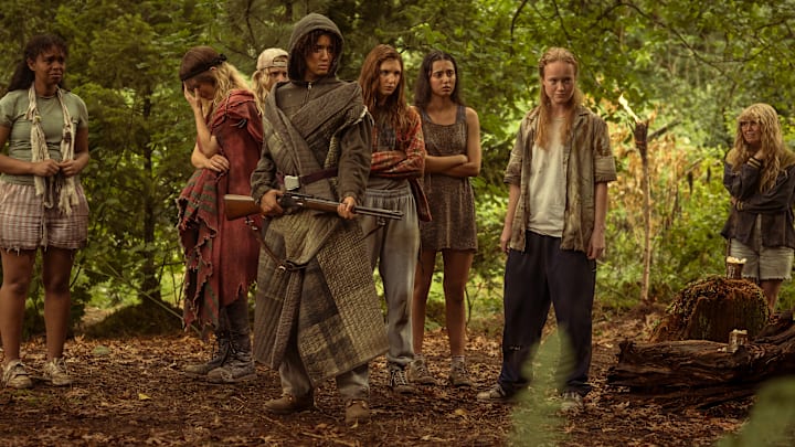L-R: Silvana Estifanos as Teen Britt, Sophie Thatcher as Teen Natalie, Jenna Burgess as Teen Melissa, Jasmin Savoy Brown as Teen Taissa, Sophie Nélisse as Teen Shauna, Anisa Harris as Teen Robin, Liv Hewson as Teen Van, and Samantha Hanratty as Teen Misty in Yellowjackets, episode 5, season 3, 