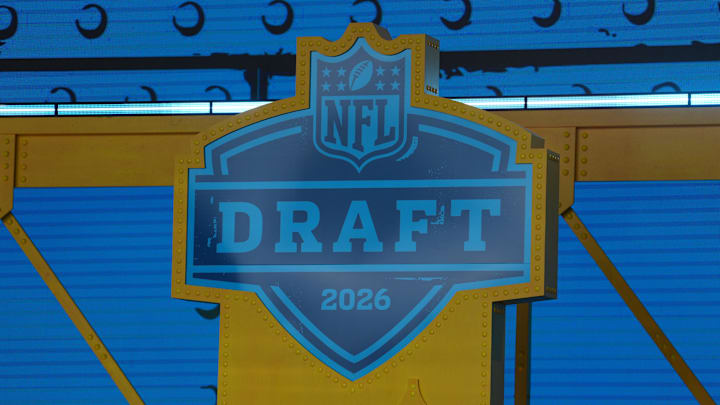 Apr 23, 2026; Pittsburgh, PA, USA;  The 2026 NFL Draft logo on the theater stage at Acrisure Stadium. Mandatory Credit: Kirby Lee-Imagn Images