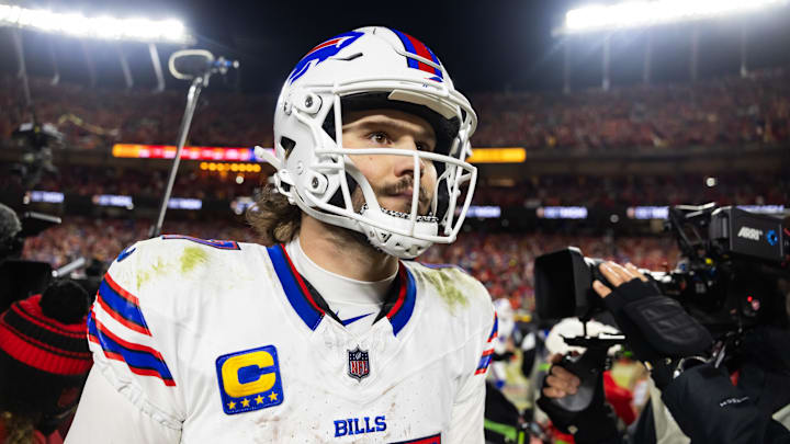 Jan 26, 2025; Kansas City, MO, USA; Buffalo Bills quarterback Josh Allen (17) reacts as he walks off the field after losing to the Kansas City Chiefs during the AFC Championship game at GEHA Field at Arrowhead Stadium. Mandatory Credit: Mark J. Rebilas-Imagn Images