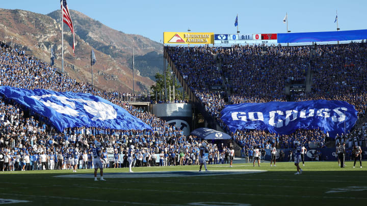 Oct 21, 2023; Provo, Utah, USA; The Brigham Young Cougars students display TIFOs before kickoff against the Texas Tech Red Raiders at LaVell Edwards Stadium. Mandatory Credit: Rob Gray-USA TODAY Sports Oct 21, 2023; Provo, Utah, USA; The Brigham Young Cougars students display TIFOs before kickoff against the Texas Tech Red Raiders at LaVell Edwards Stadium. Mandatory Credit: Rob Gray-USA TODAY Sports