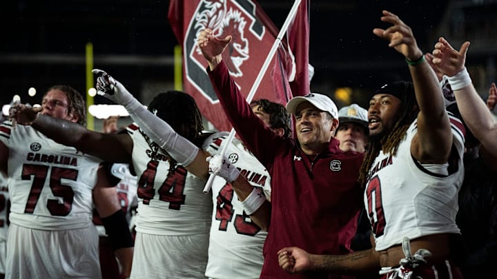 South Carolina Gamecocks head coach Shane Beamer sings the fight song with his team towards the fans after their win against Vanderbilt Commodores at FirstBank Stadium in Nashville, Tenn., Saturday, Nov. 9, 2024. South Carolina Gamecocks head coach Shane Beamer sings the fight song with his team towards the fans after their win against Vanderbilt Commodores at FirstBank Stadium in Nashville, Tenn., Saturday, Nov. 9, 2024.