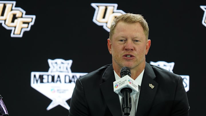 Jul 8, 2025; Frisco, TX, USA; UCF head coach Scott Frost addresses the media during 2025 Big 12 Football Media Days at The Star. Mandatory Credit: Raymond Carlin III-Imagn Images