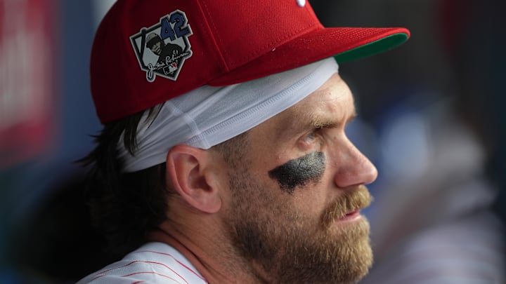 Apr 15, 2026; Philadelphia, Pennsylvania, USA; Philadelphia Phillies infielder Bryce Harper (42) looks on displaying a Jackie Robinson patch before the game against the Chicago Cubs at Citizens Bank Park. 