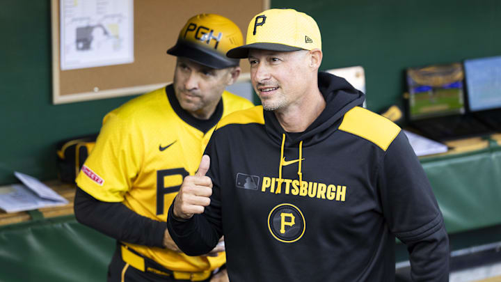 May 9, 2025; Pittsburgh, Pennsylvania, USA; Pittsburgh Pirates manager Don Kelly (12) gives a thumbs up before the game against the Atlanta Braves at PNC Park. This was Kelly’s first game as manager for the Pirates. Mandatory Credit: Scott Galvin-Imagn Images