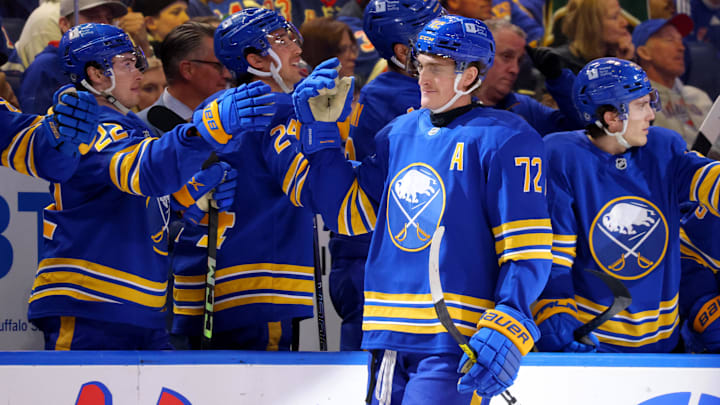 Feb 22, 2025; Buffalo, New York, USA;  Buffalo Sabres center Tage Thompson (72) celebrates his second goal of the game with teammates during the third period against the New York Rangers at KeyBank Center. Mandatory Credit: Timothy T. Ludwig-Imagn Images