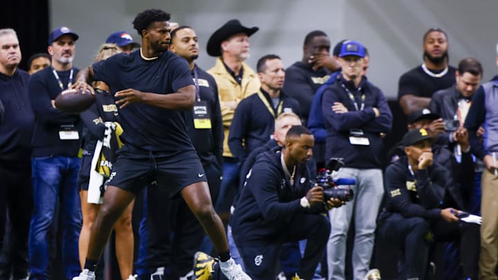 Colorado Buffaloes quarterback Shedeur Sanders passes the ball at the University of Colorado NFL Showcase.