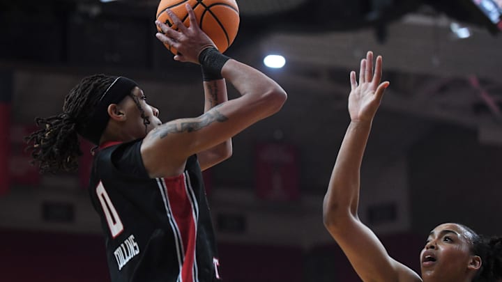 Texas Tech's Snudda Collins shoots against Baylor in a Big 12 women's basketball game Wednesday, Feb. 18, 2026, at United Supermarkets Arena.