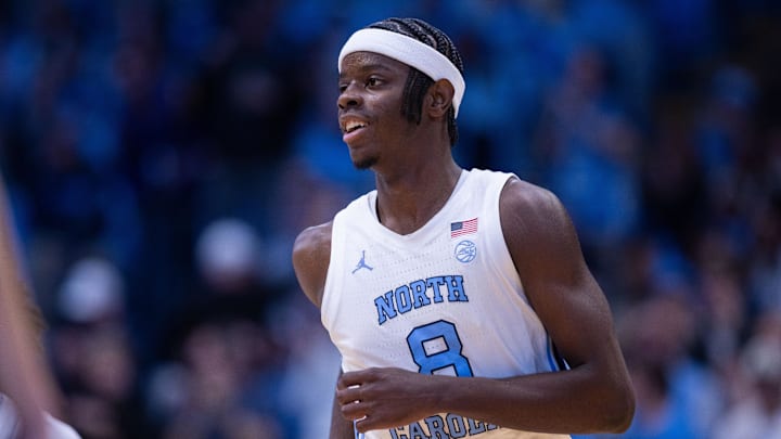 Dec 22, 2025; Chapel Hill, North Carolina, USA; North Carolina Tar Heels forward Caleb Wilson (8) runs back against the East Carolina Pirates during the first half at Dean E. Smith Center. Mandatory Credit: Scott Kinser-Imagn Images