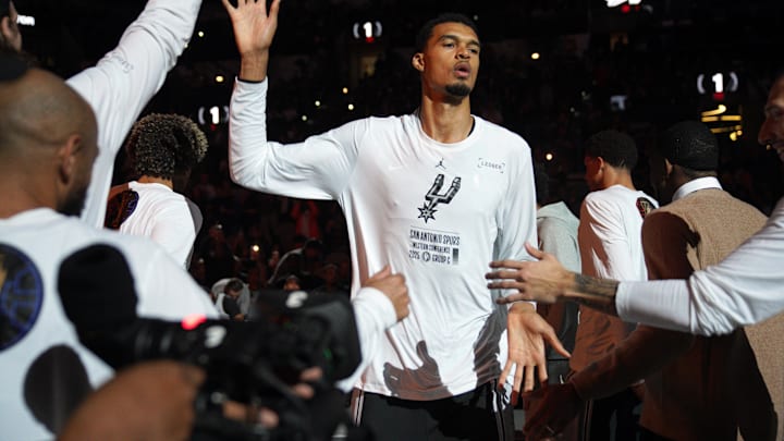 Nov 7, 2025; San Antonio, Texas, USA; San Antonio Spurs forward Victor Wembanyama (1) enters the court during the start of the game against the Houston Rockets at Frost Bank Center. Mandatory Credit: Dustin Safranek-Imagn Images Nov 7, 2025; San Antonio, Texas, USA; San Antonio Spurs forward Victor Wembanyama (1) enters the court during the start of the game against the Houston Rockets at Frost Bank Center. Mandatory Credit: Dustin Safranek-Imagn Images