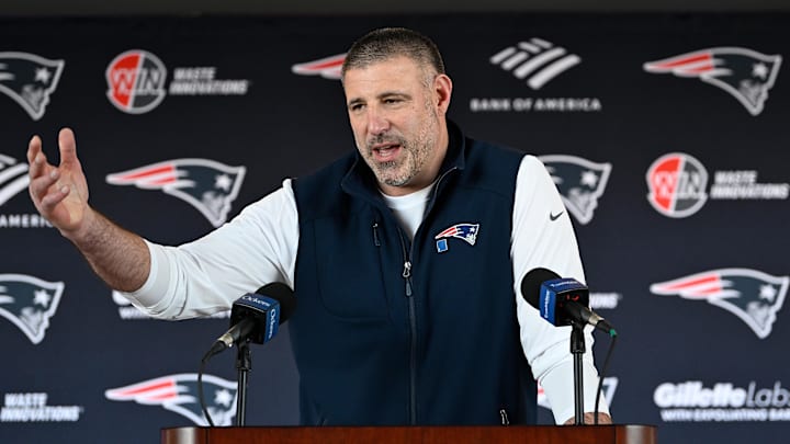 Mar 13, 2025; Foxborough, MA, USA; New England Patriots head coach Mike Vrabel discusses the teamís recent free agent additions with the media at Gillette Stadium. Mandatory Credit: Eric Canha-Imagn Images